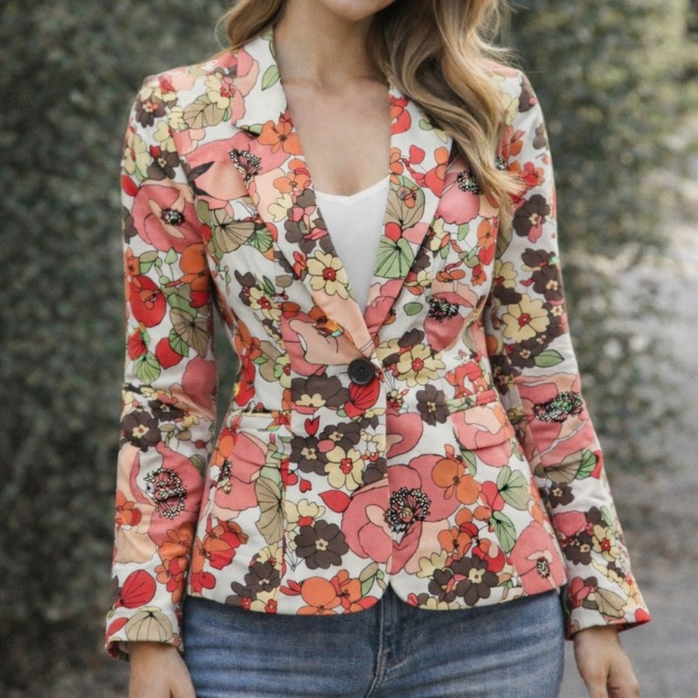 Vintage 70's Kasper Linen Floral Blazer Pink Red Green Brown Retro Hippie Sz 4P